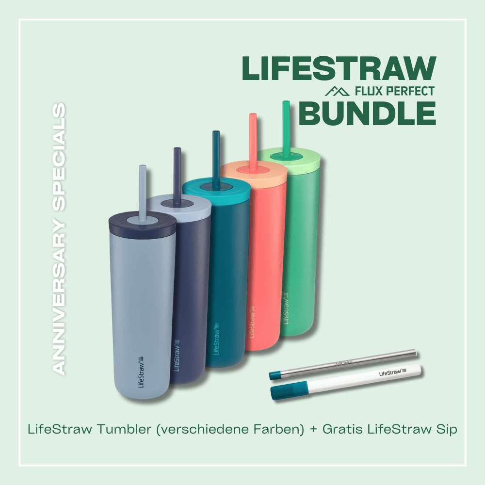Unser Anniversary Special - Das LifeStraw Bundle, inkludiert ist ein LifeStraw Tumbler in verschiedenen Farben und ein LifeStraw Sip, nur erhältlich im Outdoor Online Shop FluxPerfect
