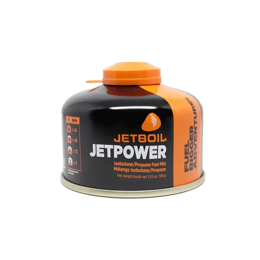 Hier sieht man die Jetboil JetPower Gaskartusche in der 100g Variante - ideal als Ergänzung für dein Outdoor Equipment