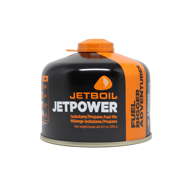 Hier sieht man die Jetboil JetPower Gaskartusche in der 230g Variante - ideal als Ergänzung für dein Camping Equipment