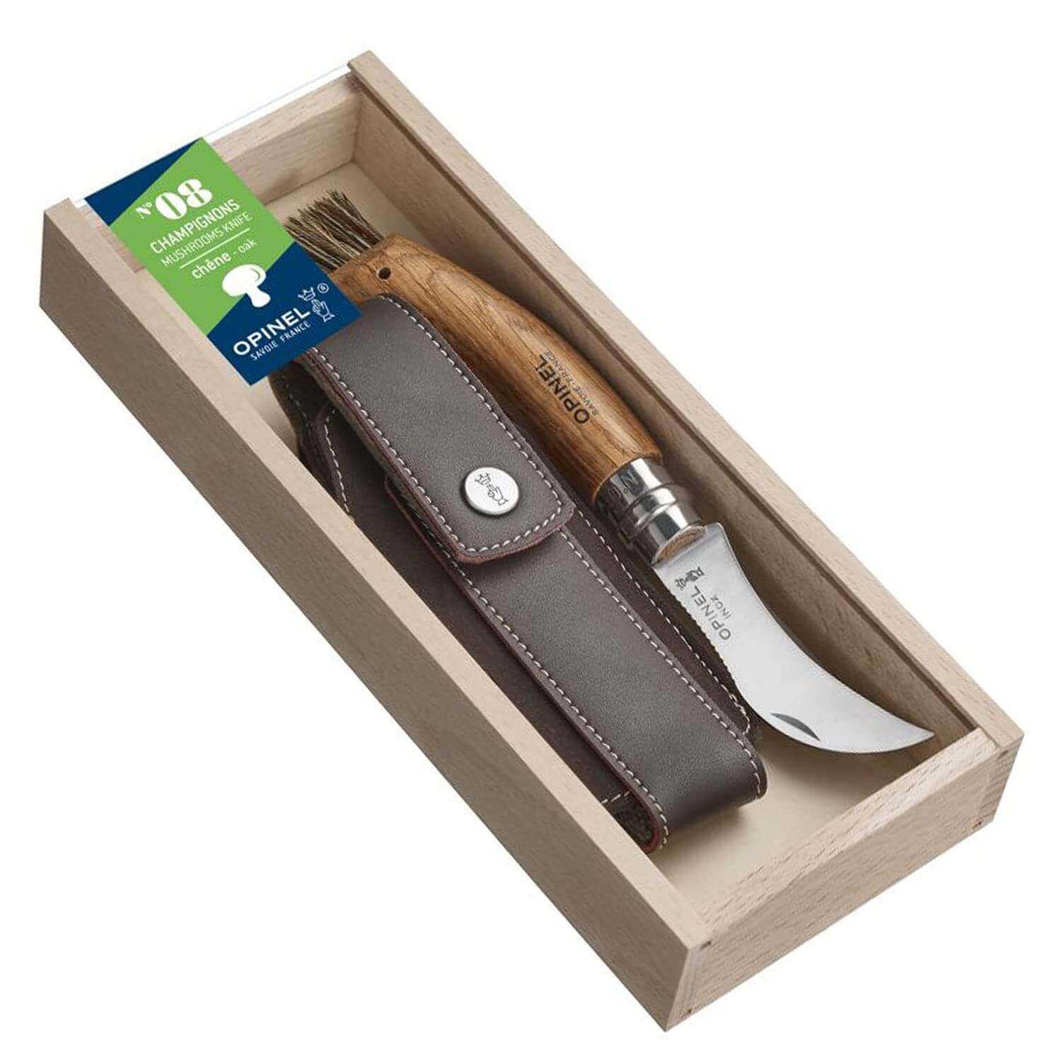 Hier sieht man das Pilzmesser Opinel N°08 mit Hülle in der Originalverpackung, erhältlich im Outdoor Online Shop FluxPerfect