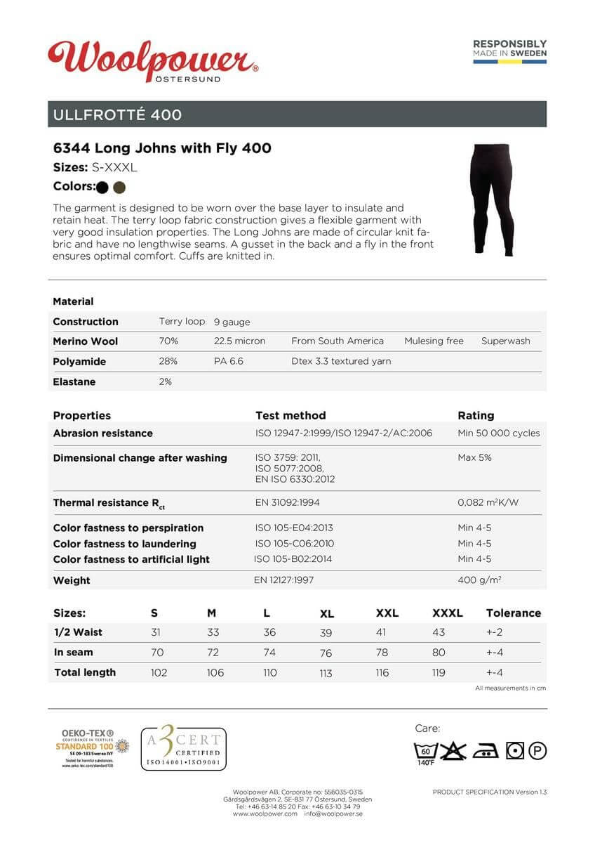 Woolpower Long Johns with Fly 400 Herren