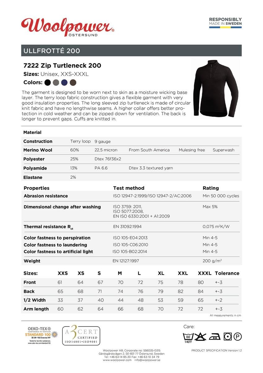 Funktionsunterwäsche – Woolpower – 200 Turtleneck Long Sleeve Zip Shirt Men
