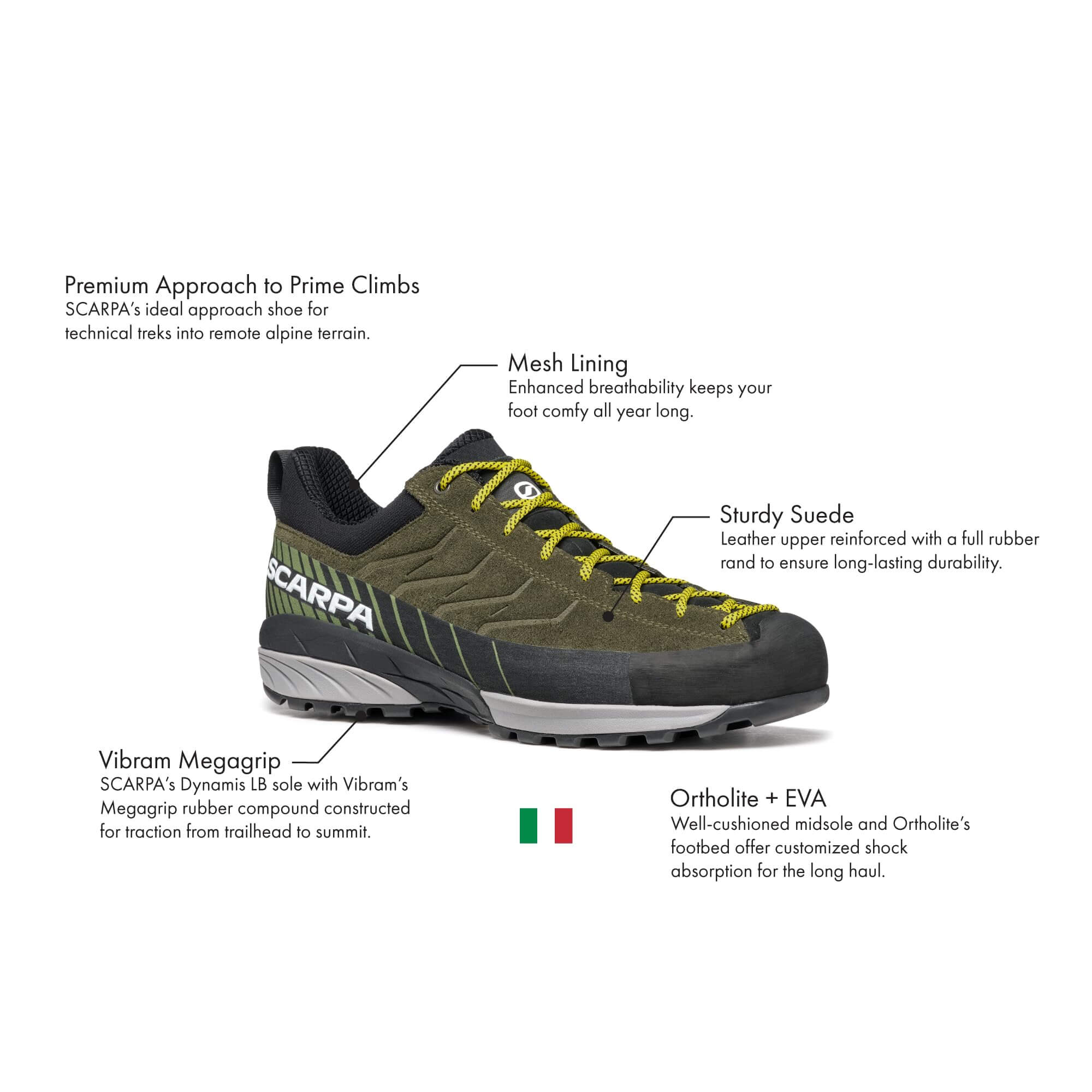 Der Scarpa Mescalito, technischer Zustiegsschuh für Fels & alpine Zugänge, erhältlich im Outdoor Online Shop FluxPerfect