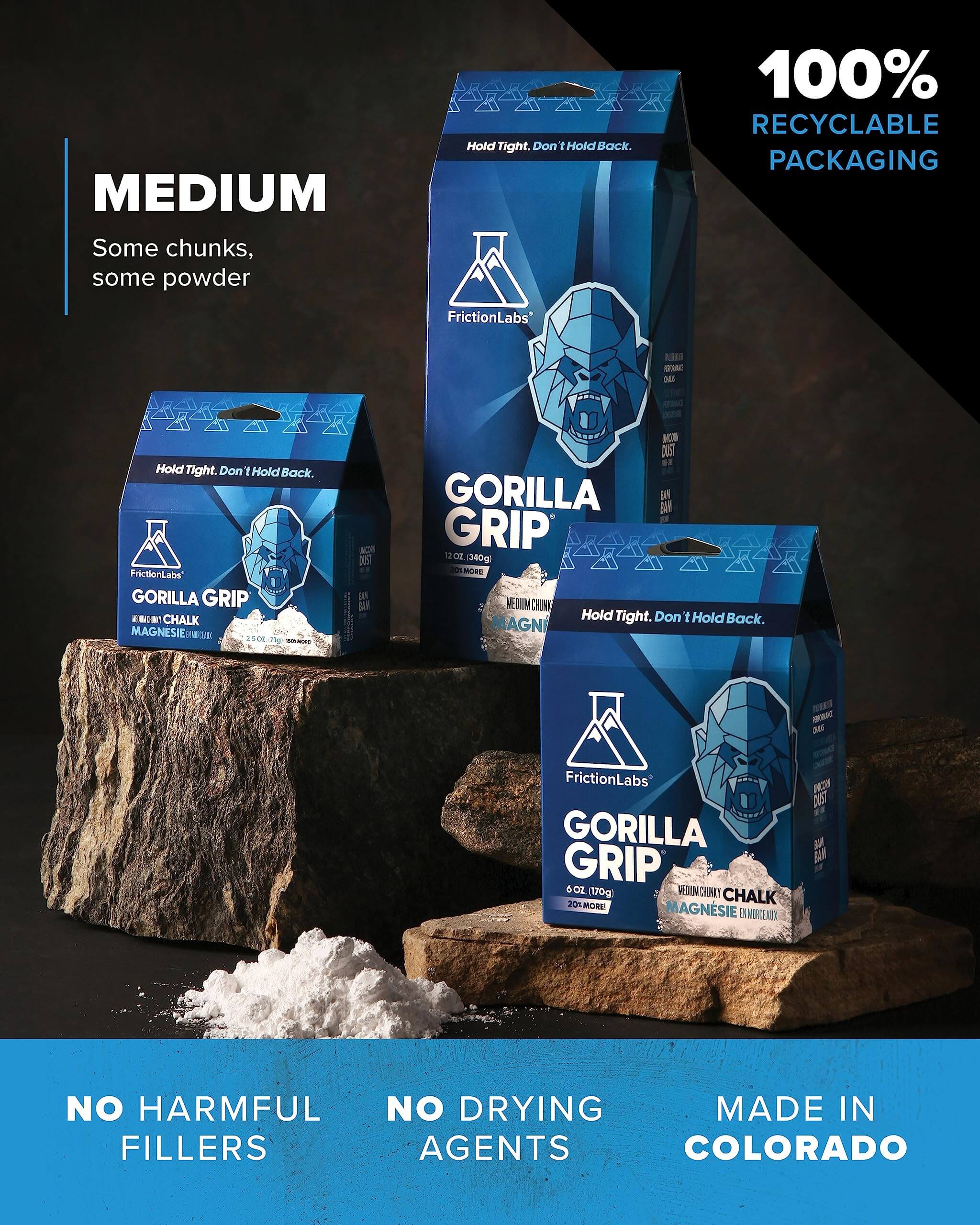 Hier ist die Übersicht des Friction Labs Premium Chalk Magnesium in der Gorilla Grip Variante zu sehen