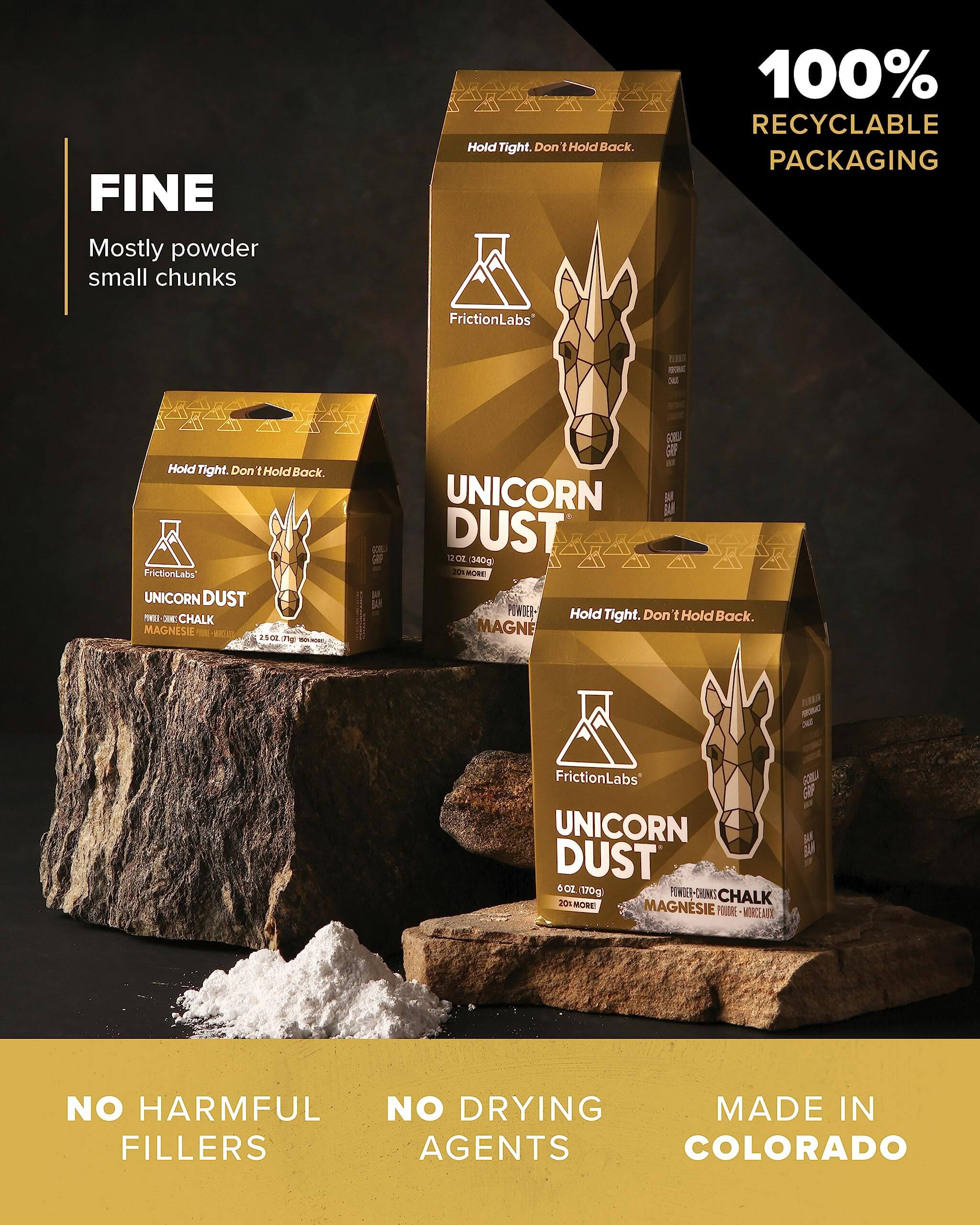 Hier ist die Übersicht des Friction Labs Premium Chalk Magnesium in der Unicorn Dust Variante zu sehen