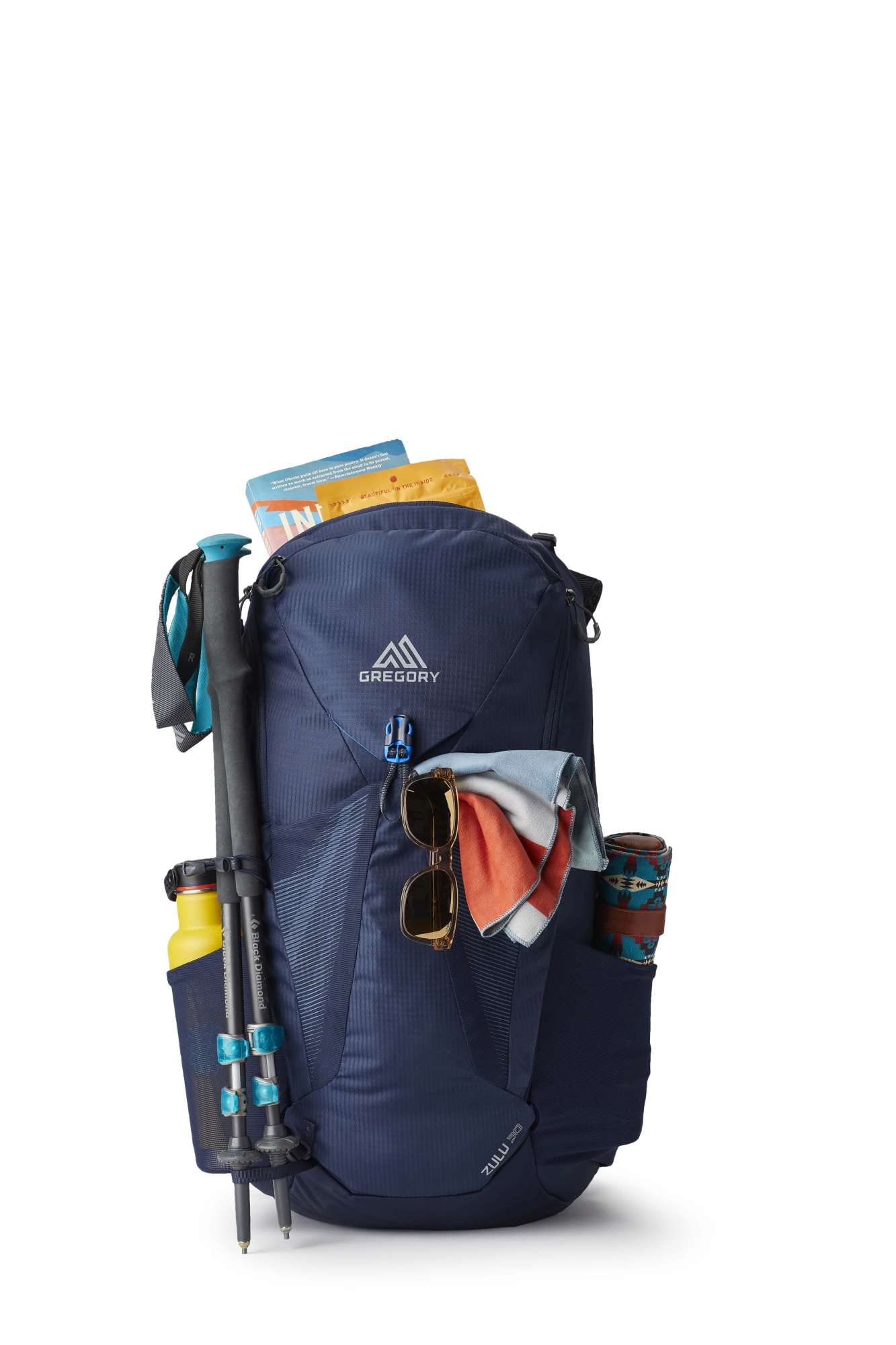 Der Gregory Zulu Rucksack in einer frontalen Detailansicht - man sieht wie man den Rucksack vielseitig beladen kann