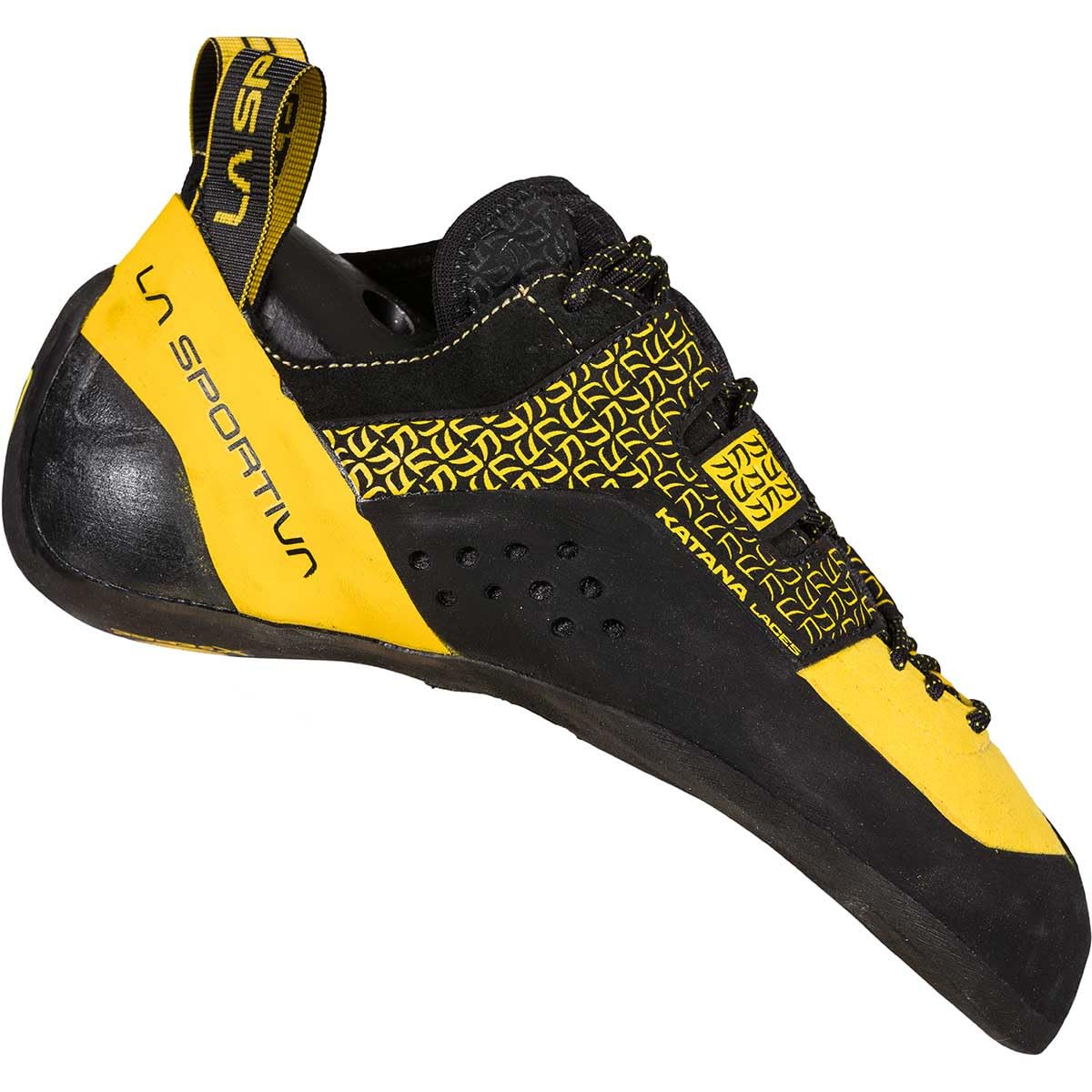Der Kletterschuh La Sportiva Katana Laces Yellow/Black fotografiert von seiner rechten Seite