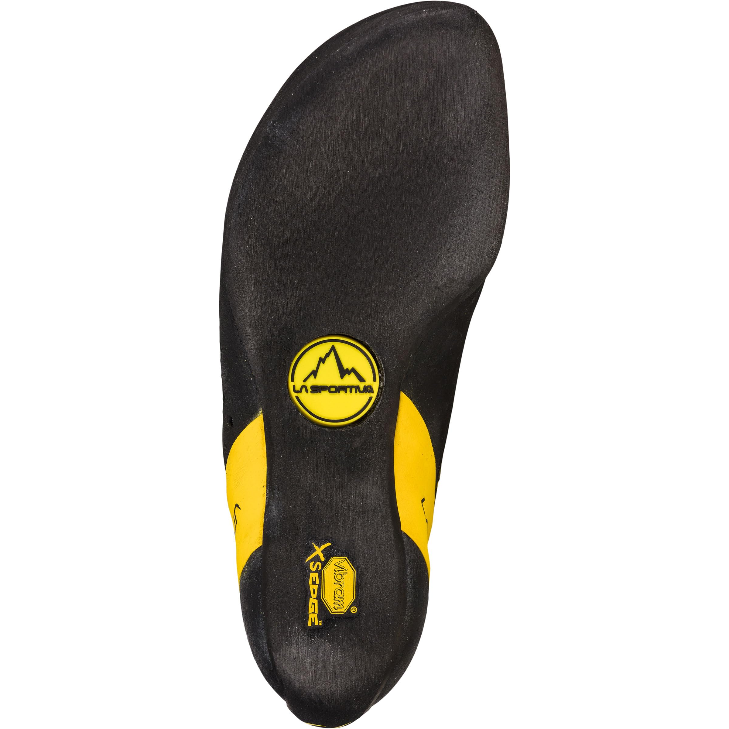 Der Kletterschuh La Sportiva Katana Laces Yellow/Black 
fotografiert von unten, die Sohle ist ersichtlich