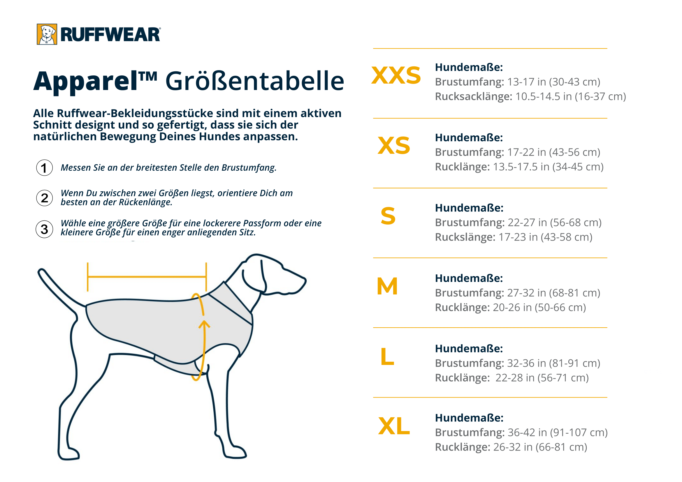 Die Ruffwear Größentabelle für alle Apparel Produkte