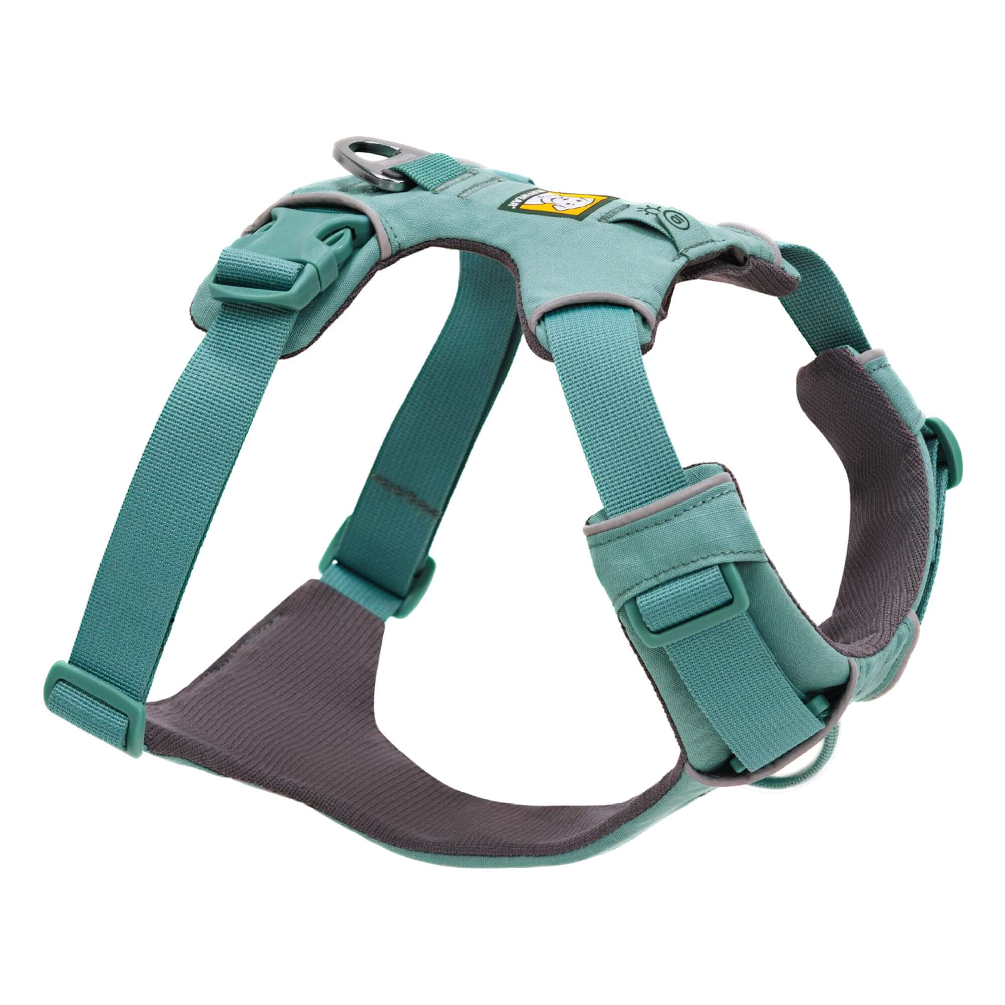 Hier sieht man das Ruffwear Front Range Hunfdegeschirr in der Farbe River Rock Green - ideal für dein nächstes Outdoor Abenteuer mit deinem Vierbeiner