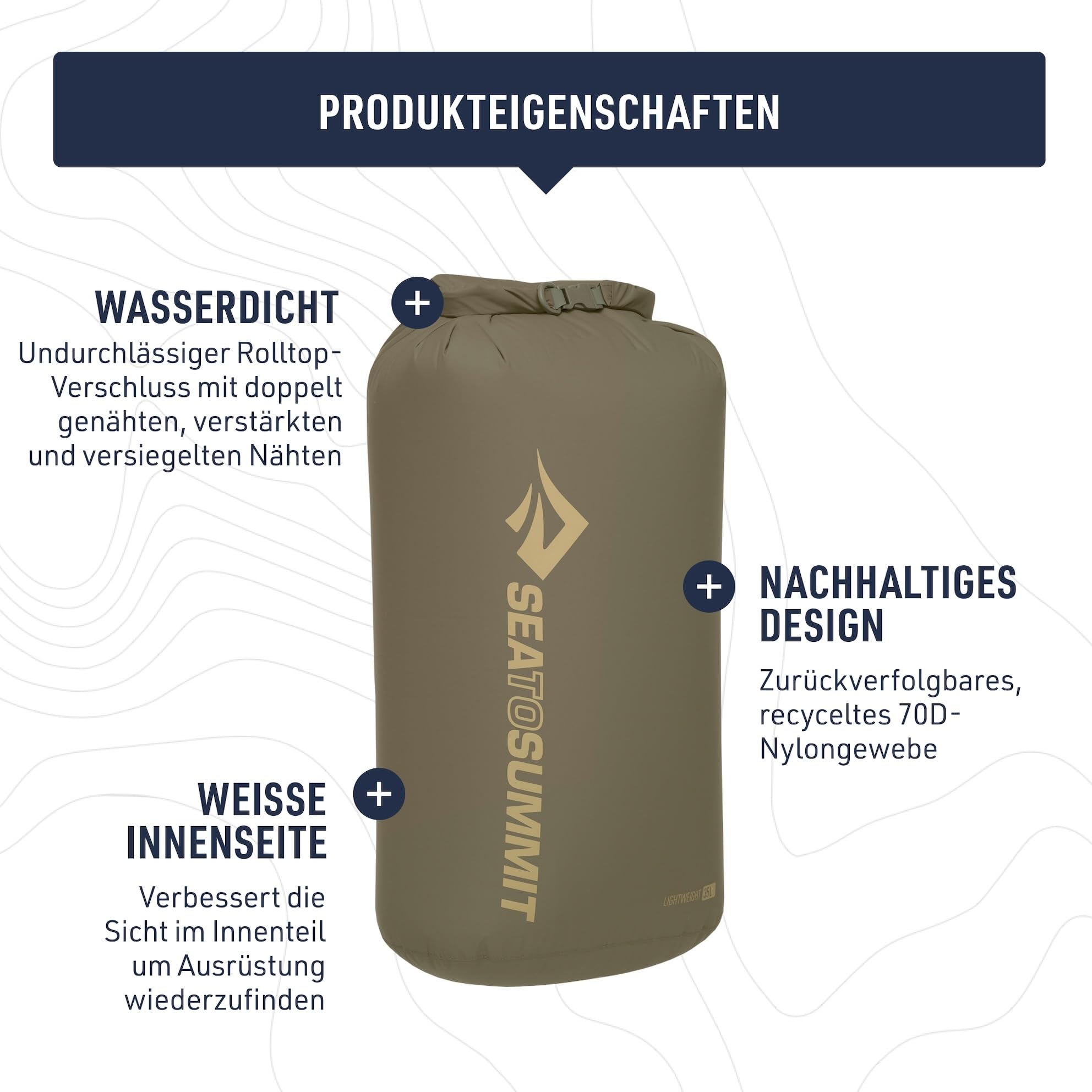 Die Eigenschaften der Sea_to_Summit Dry Bag, wie das wasserdichte Design - ideal für Camping und Outdoor Abenteuer in der Nähe von Wasser.